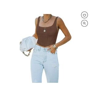 REORIA Top Womens Sz Large Brown Corset Slim Fit Square Neck Sleeveless Crop‎